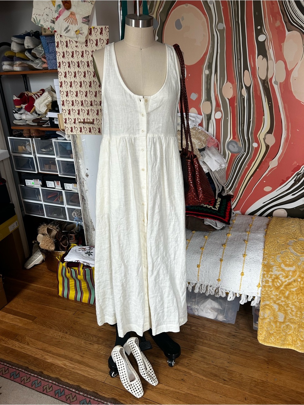 Women's OZMA White Button-Front Linen Maxi Dress